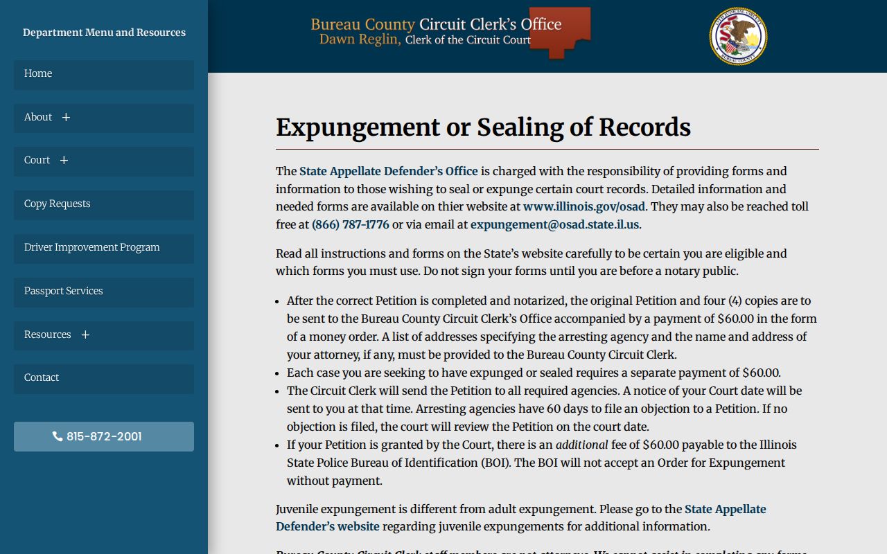 Bureau County criminal record expungement and sealing instructions