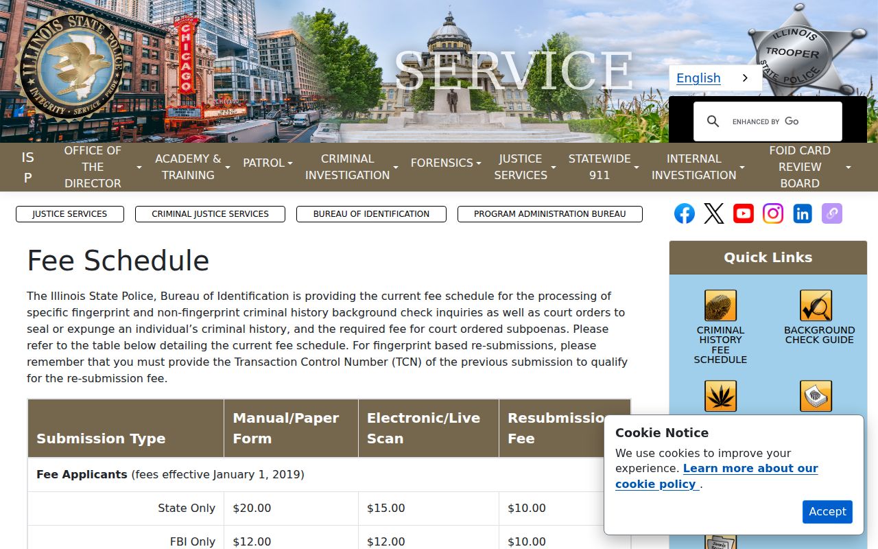 Bureau County criminal record check ISP fee schedule